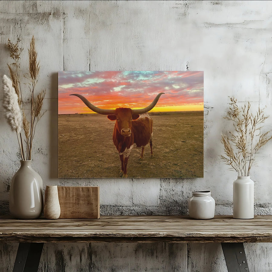 Texas Longhorn Canvas Wall Art | Vibrant Sunset Farmhouse Decor | Premium Fade-Resistant Gallery Print | Rustic Western Home Office Gift