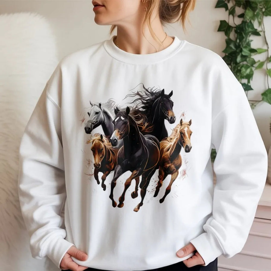 Running Horses Sweatshirt | Majestic Wild Horse Graphic Art | Premium Cotton Blend Crewneck | Gift for Horse Lovers and Equestrian Enthusiasts