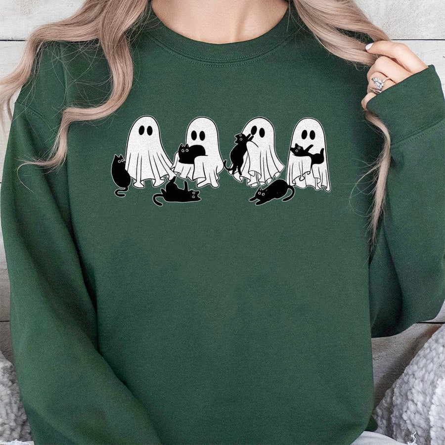 Ghost Cat Halloween Sweatshirt | Playful Spooky Kitten Graphic | Premium Cotton Blend | Unisex Cute Fall Gift for Cat Lovers