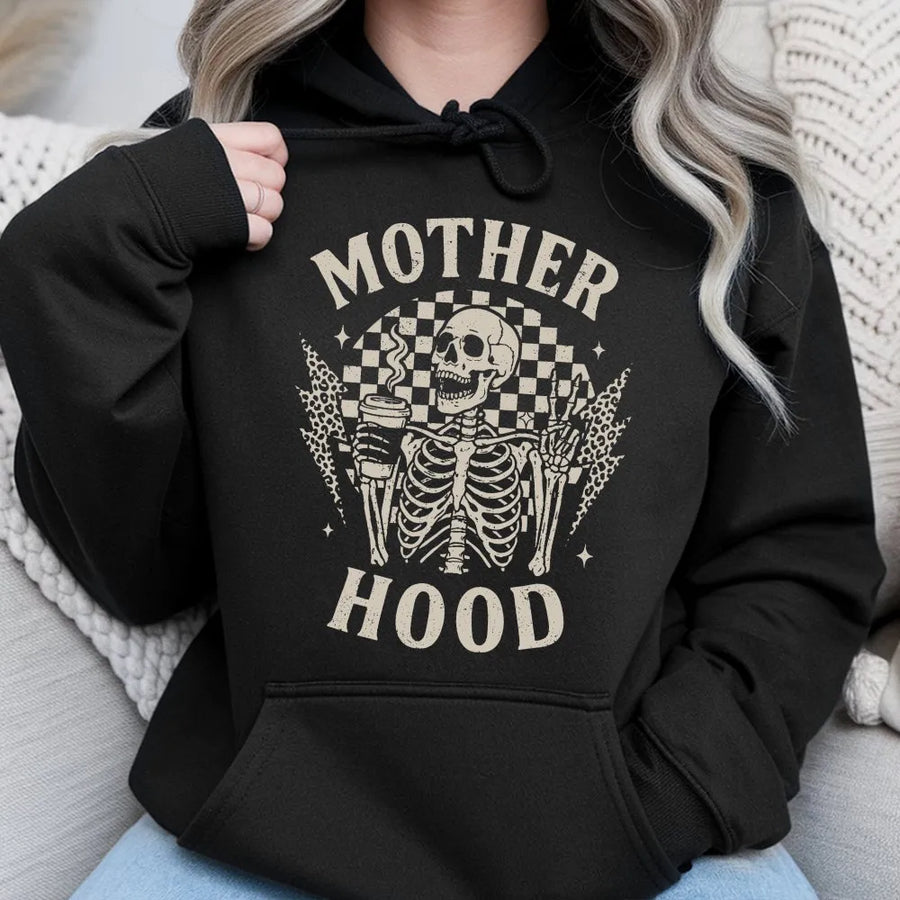 Motherhood Skeleton Hoodie | Funny Coffee & Chaos Graphic | Premium Cotton-Blend Pullover | Edgy Mom Life Gift for Mother's Day