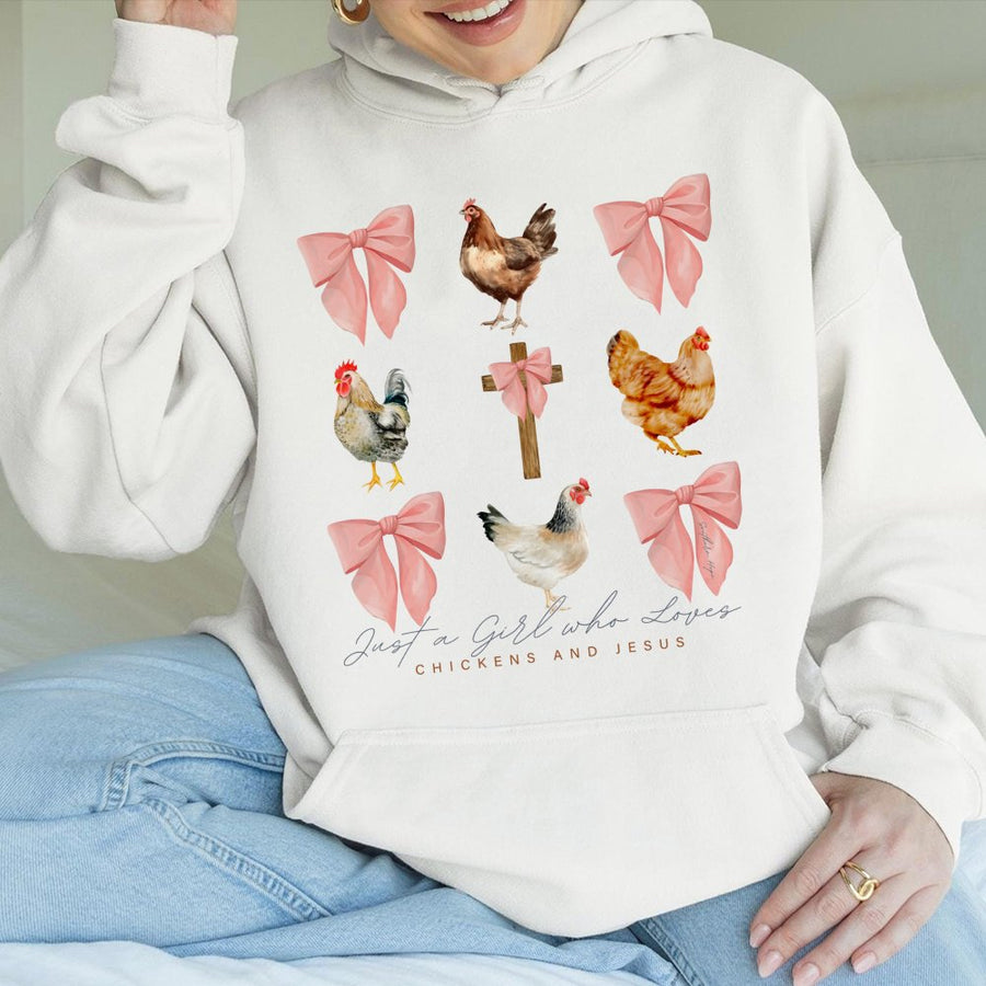 Chickens and Jesus Hoodie | Cute Farmhouse Chicken Graphic | Premium Cotton Blend Pullover | Faith Based Gift for Women and Chicken Lovers