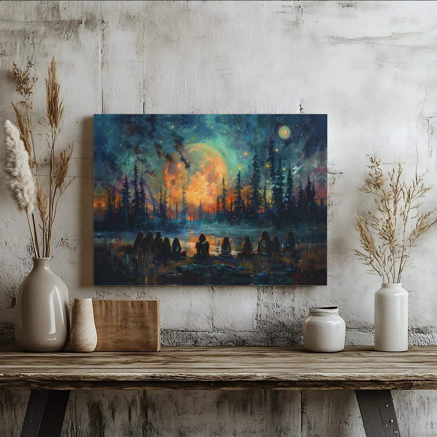 Mystical Forest Canvas Wall Art | Fiery Full Moon Lake Landscape | Premium Gallery-Wrapped Print | Spiritual Nature Home Decor Gift