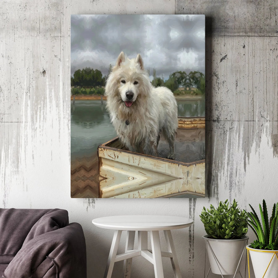 Samoyed Dog Canvas Art | Painterly White Fluffy Dog In Boat | 1.25 Inch Gallery Wrap Premium Decor | Dog Lover Wall Decor Gift
