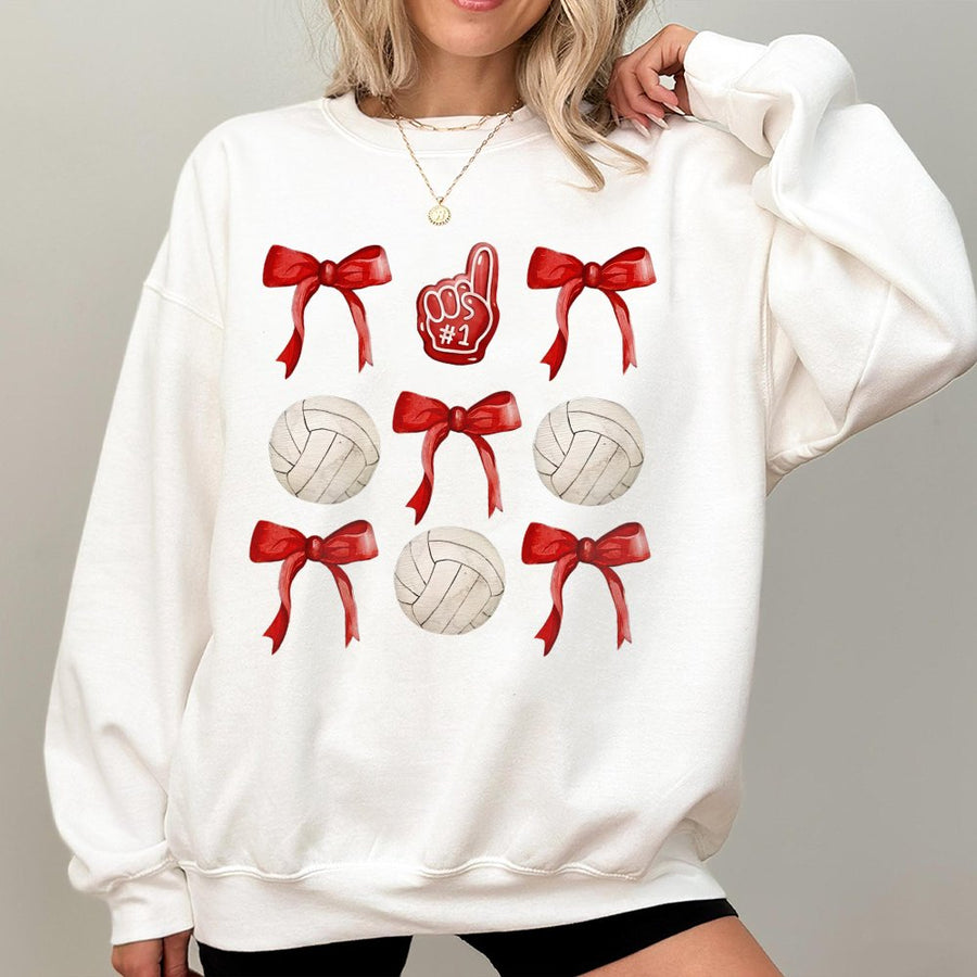 Volleyball Sweatshirt | Aesthetic Red Bows & Foam Finger Design | Premium Cotton Blend | Gift for Volleyball Mom or Player