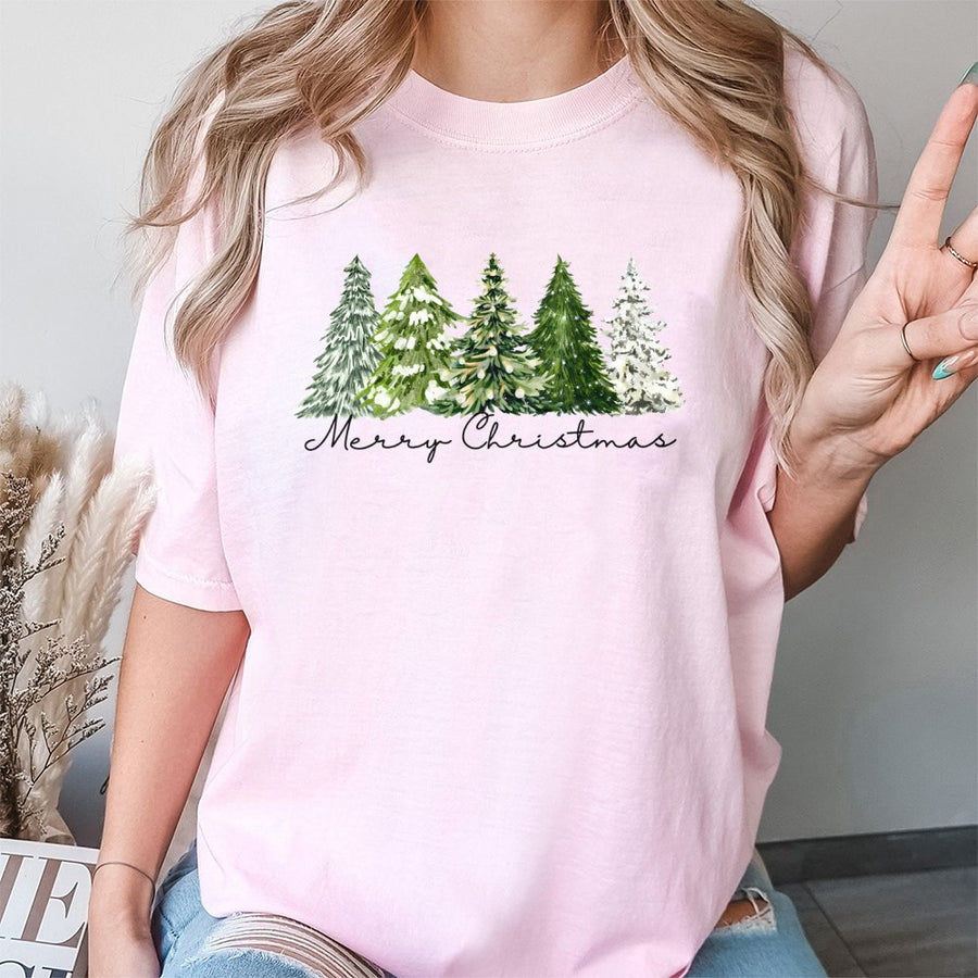 Merry Christmas Tree T-Shirt | Watercolor Pine Forest Graphic | Premium 100% Cotton Tee | Festive Holiday Gift for Men and Women