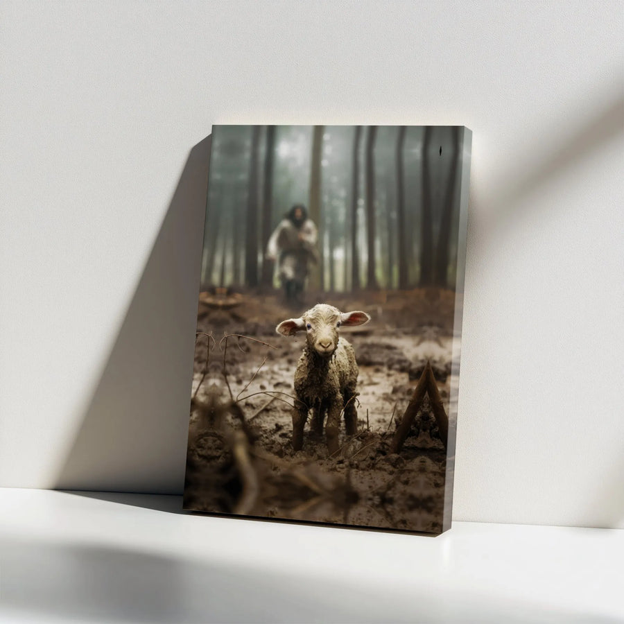 The Lost Sheep Canvas Wall Art | Jesus Finding Lamb in Forest | Premium Gallery Wrapped Canvas | Christian Home Decor Inspirational Gift