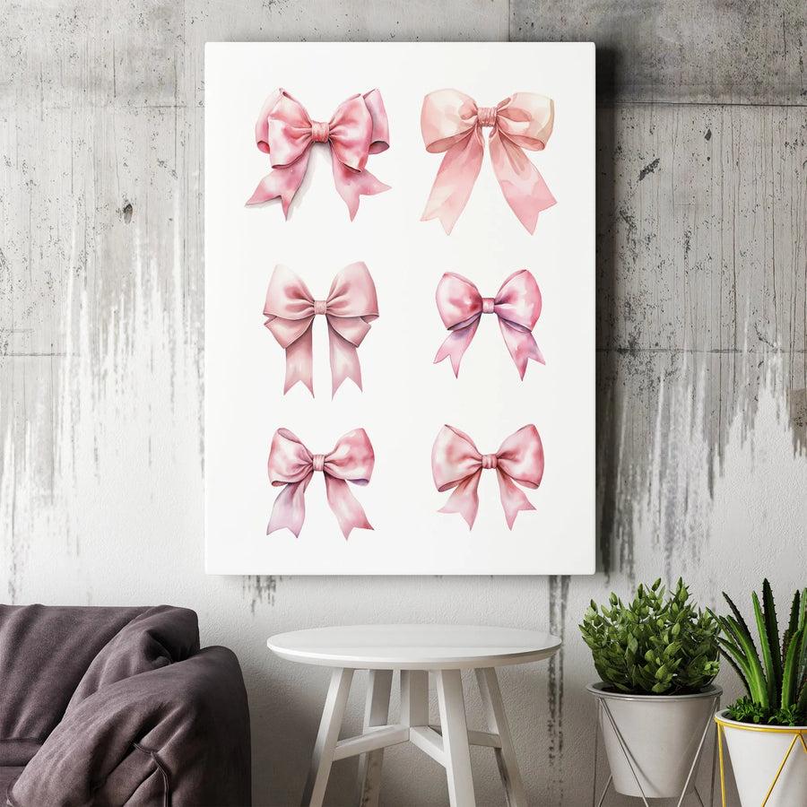 Watercolor Pink Bows Vertical Canvas | Aesthetic Bow Collage Print | Premium Gallery Wrap Canvas | Nursery Wall Decor Gift