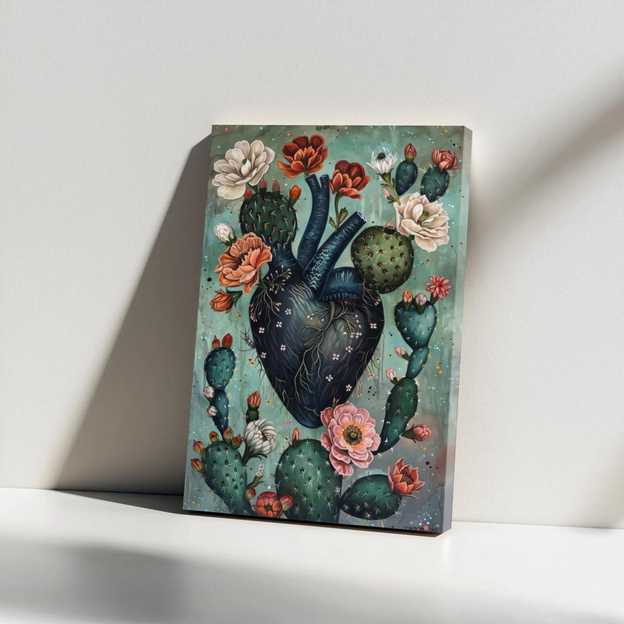 Anatomical Heart Canvas Wall Art | Surreal Botanical Cactus & Flower Design | Premium Thick Gallery Canvas | Modern Gothic Home Decor Gift