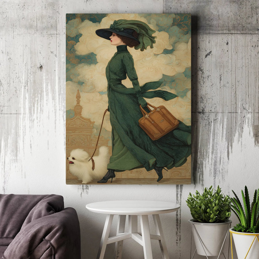 Vintage Fashion Illustration Canvas Print | Elegant Woman in Green Dress Art | Premium Gallery Wrapped Canvas | Belle Epoque Style Home Decor Gift