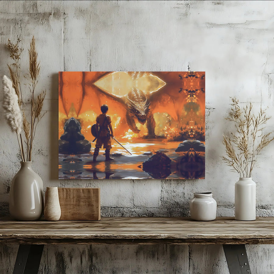 Fantasy Dragon Wall Art | Epic Warrior Knight vs Dragon Canvas Print | 1.25-Inch Gallery Wrap | Premium Decor for Bedroom Office