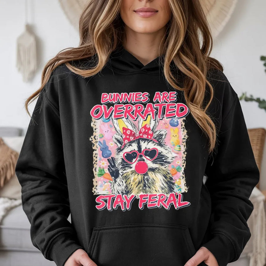 Bunnies Are Overrated Stay Feral Hoodie | Funny Raccoon Easter Graphic Sweatshirt | Premium Cotton-Blend Pullover | Sarcastic Gift for Animal Lovers