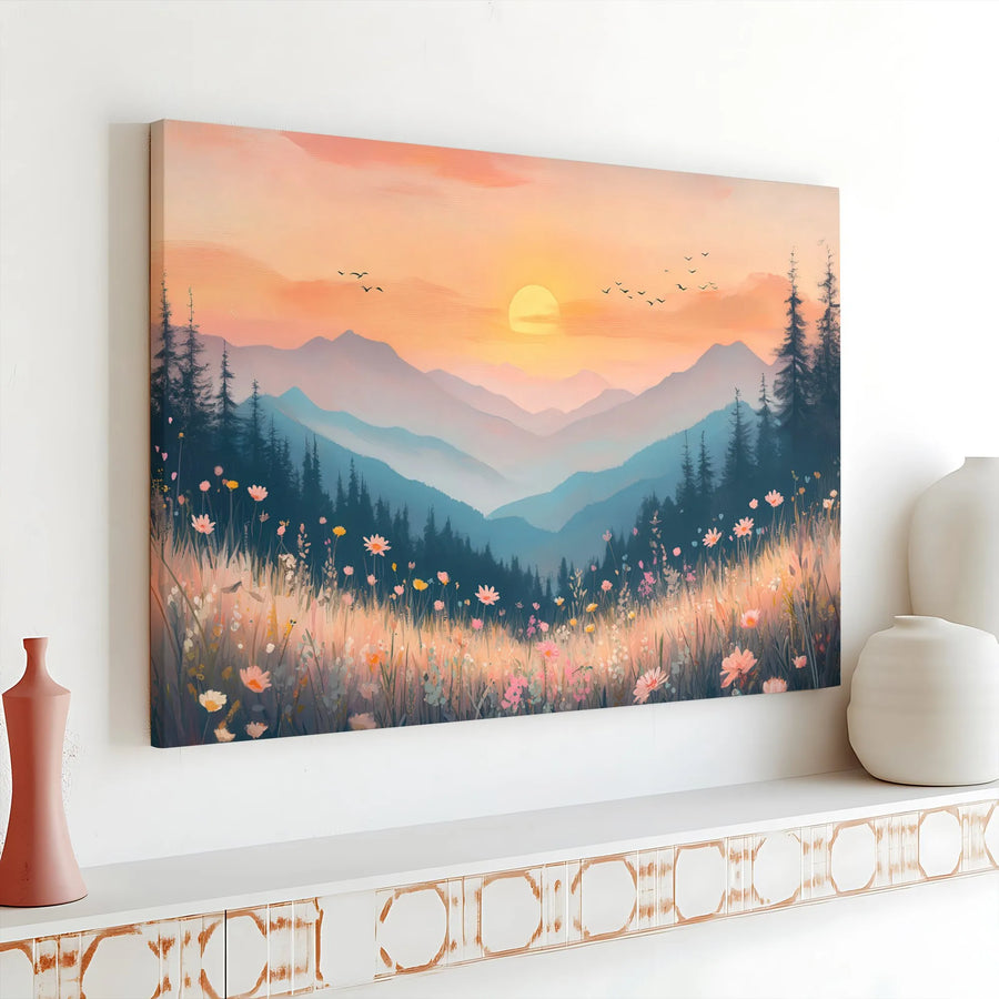 Mountain Wildflower Canvas Wall Art | Watercolor Sunrise Landscape Painting | Premium Fade-Resistant Print | Boho Home Decor Gift