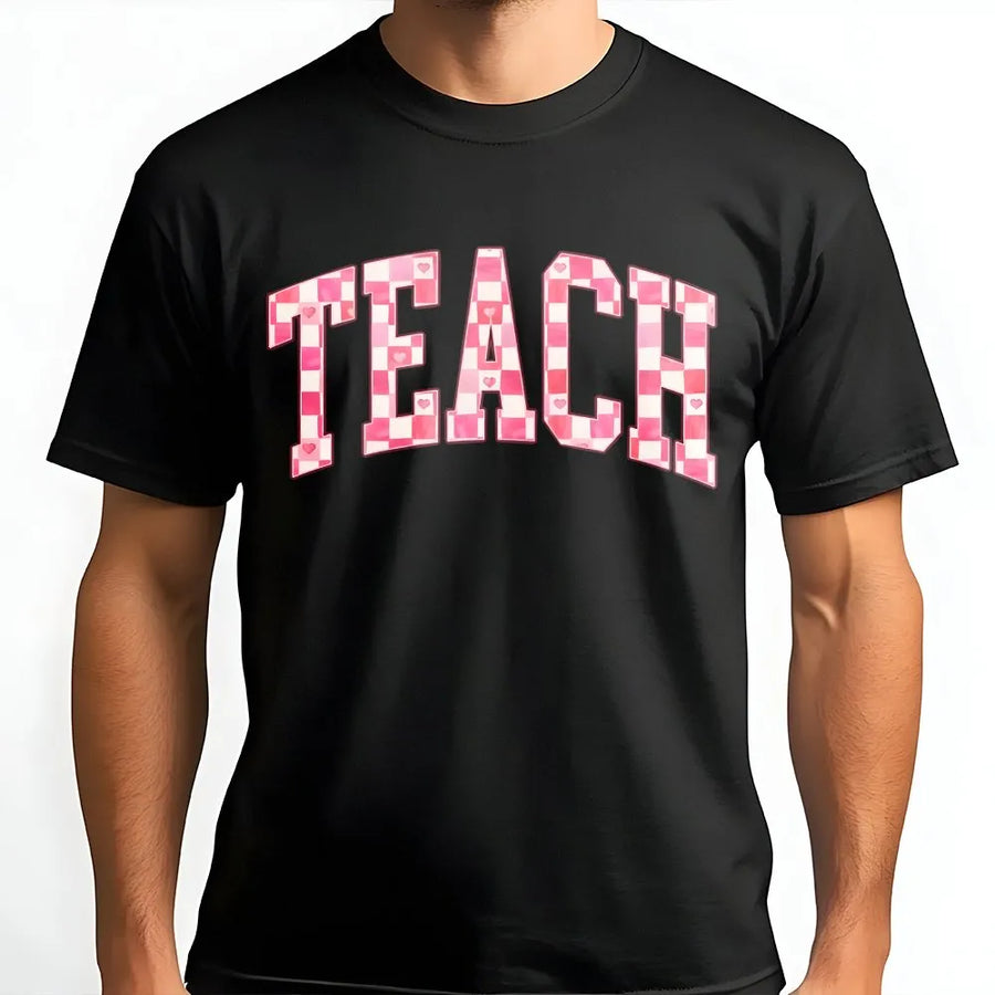 Teach T-Shirt | Pink Checkerboard Heart Varsity Lettering | Soft Cotton Premium Tee | Cute Teacher Appreciation Gift for Valentine's Day