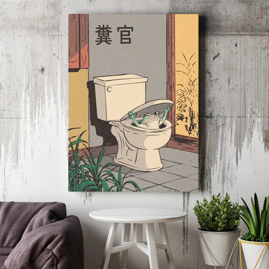 Funny Frog In Toilet Canvas Art | Ukiyo-E Style Japanese Print | Premium 1.25 Inch Gallery Wrap | Whimsical Bathroom Decor Wall Art Gift