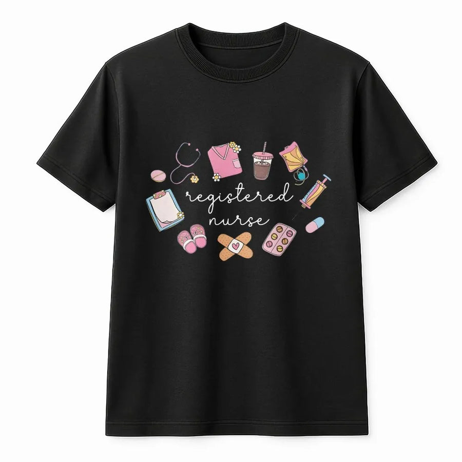 Registered Nurse T-Shirt | Cute Nurse Doodle Graphic | Soft Cotton Blend Pullover | Gift for RN Graduate and Nursing Students