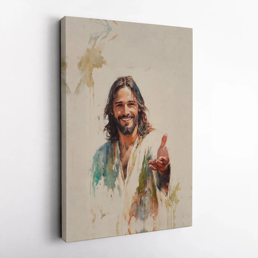 Jesus Christ Canvas Wall Art | Smiling Jesus Watercolor Portrait | Gallery Quality 1.25 Inch Frame | Christian Religious Home Decor Gift