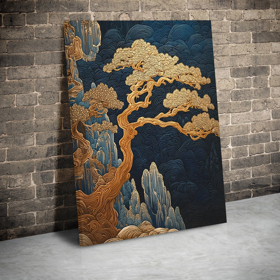 Japanese Bonsai Tree Canvas Print | Gold and Navy Blue Wave Wall Art | Premium Gallery Wrapped Decor | Zen Inspired Home Office Gift
