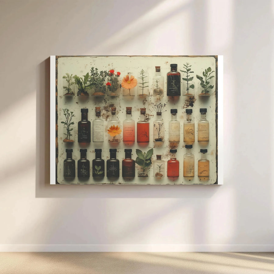 Vintage Botanical Apothecary Canvas | Pressed Flower Specimen Jars Print | Premium Gallery Wrap Wall Art | Farmhouse Home Decor for Nature Lovers