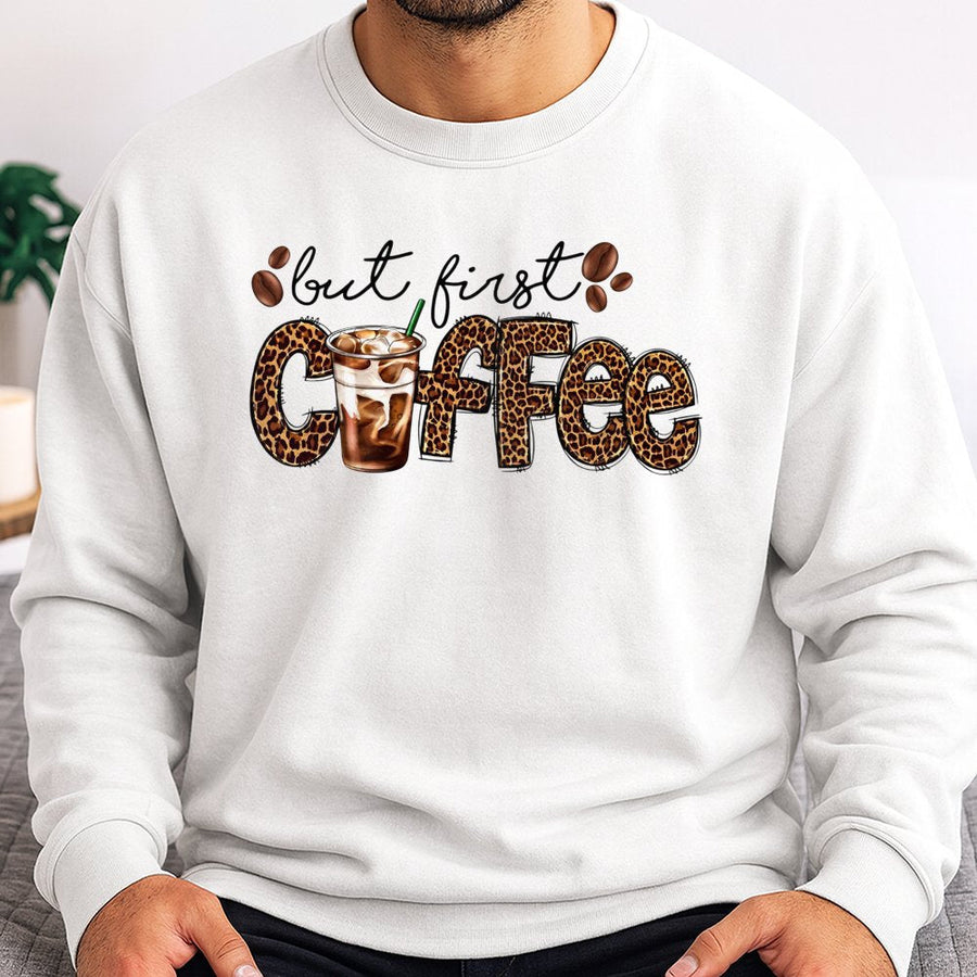 But First Coffee Sweatshirt | Leopard Print Iced Coffee Graphic Design | Premium Cotton Blend Crewneck | Trendy Caffeine Lover Gift For Her