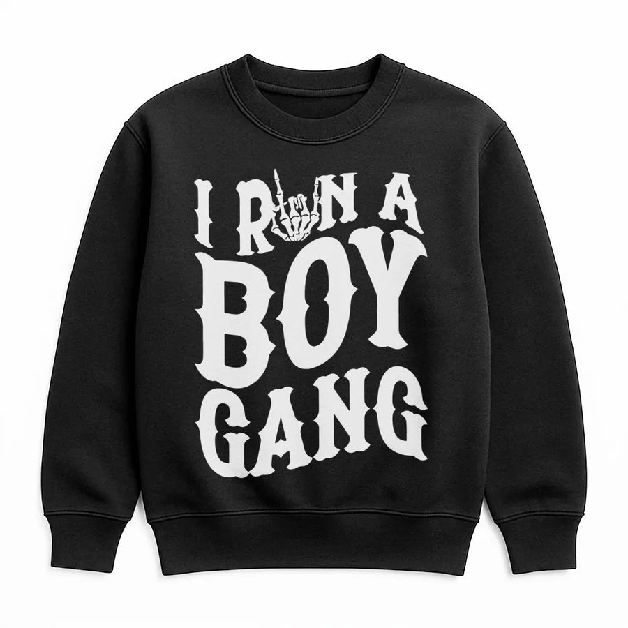 I Run A Boy Gang Sweatshirt | Skeleton Hand Rock Graphic | Premium Cotton Blend Crewneck | Gift For Boy Mom Or Dad