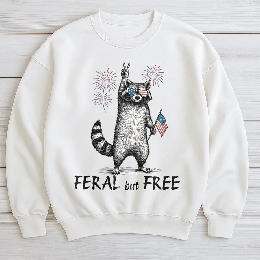 Feral But Free Raccoon Sweatshirt | Funny 4th of July Graphic Sweatshirt | Soft Cotton-Poly Blend | Patriotic USA Independence Day Gift