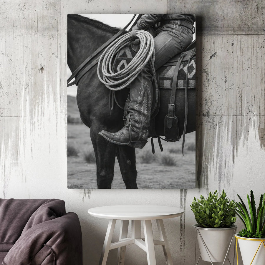 Western Cowboy Canvas Art | Black and White Horse Lariat Print | Premium Gallery Wrap Wall Decor | Rustic Farmhouse Home Decor for Men