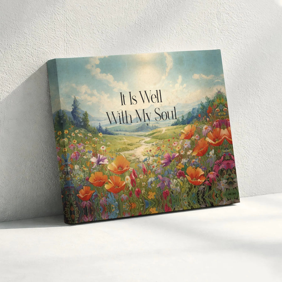 It Is Well With My Soul Horizontal Canvas | Vintage Wildflower Meadow Landscape Scene | Premium 1.25" Gallery Wrap Canvas Print | Inspirational Christian Hymn Gift for Home