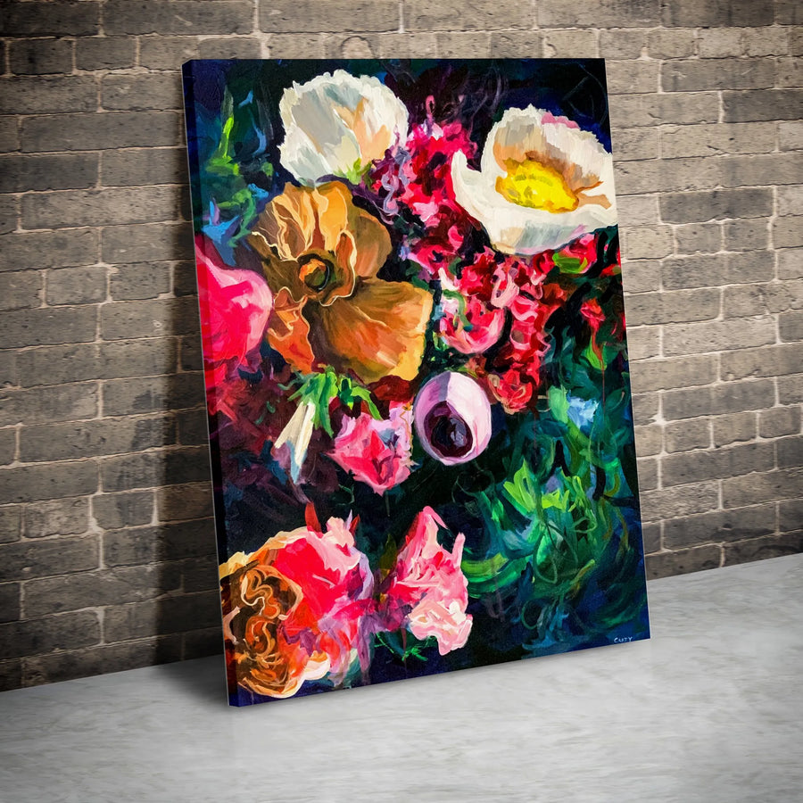 Abstract Floral Vertical Canvas | Colorful Moody Flower Painting | Premium Gallery Wrapped Print | Modern Home Decor Art Gift for Her