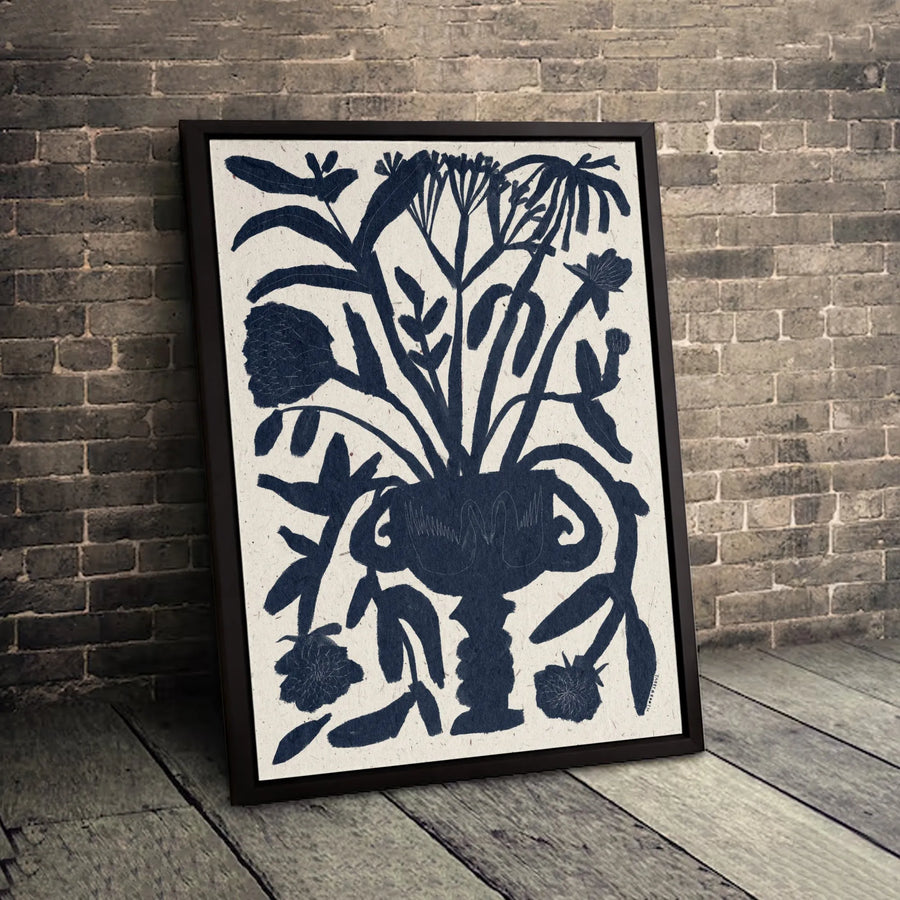 Navy Blue Floral Bouquet Canvas Art | Elegant Swan Vase Silhouette Print | Premium Fade-Resistant Gallery Wrap | Modern Home Decor Wall Art