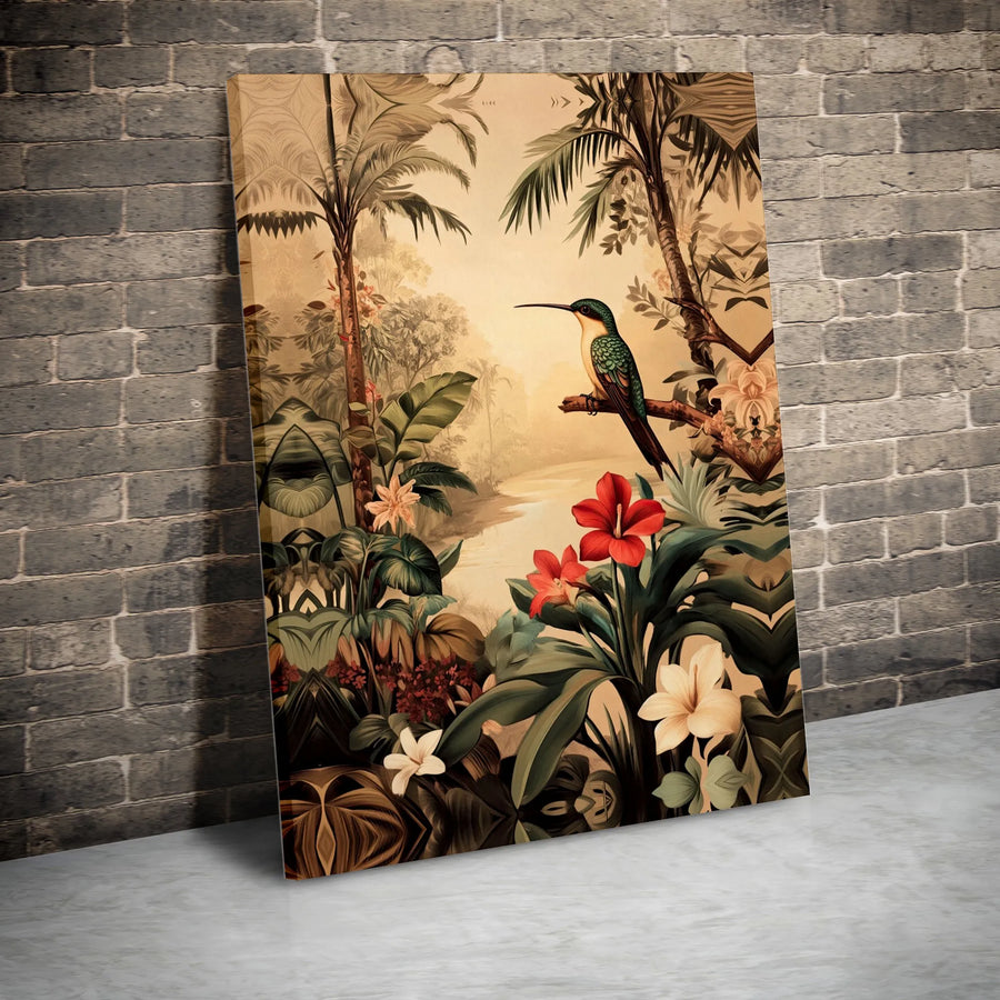 Hummingbird Wall Art Canvas Print | Vintage Tropical Jungle Illustration | Premium Gallery Wrapped Canvas | Living Room & Bedroom Home Decor Gift