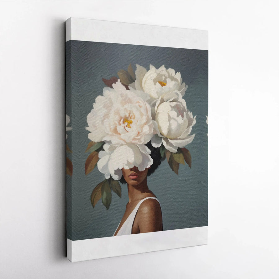 Black Woman Floral Portrait Canvas | Peony Flower Headdress Wall Art | Premium Gallery-Wrapped Print | Elegant Home Decor Gift For Her