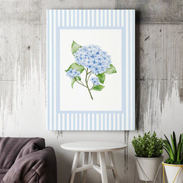 Blue Hydrangea Wall Art | Watercolor Floral Print with Striped Border | Premium 1.25-inch Thick Gallery Canvas | Botanical Home Decor Gift