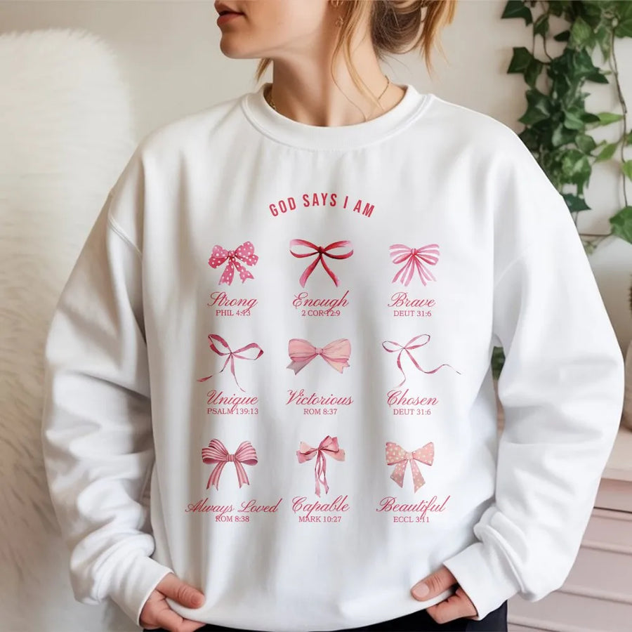 God Says I Am Sweatshirt | Aesthetic Coquette Bow Bible Verse Graphic | Soft Cotton Blend | Christian Gift for Women