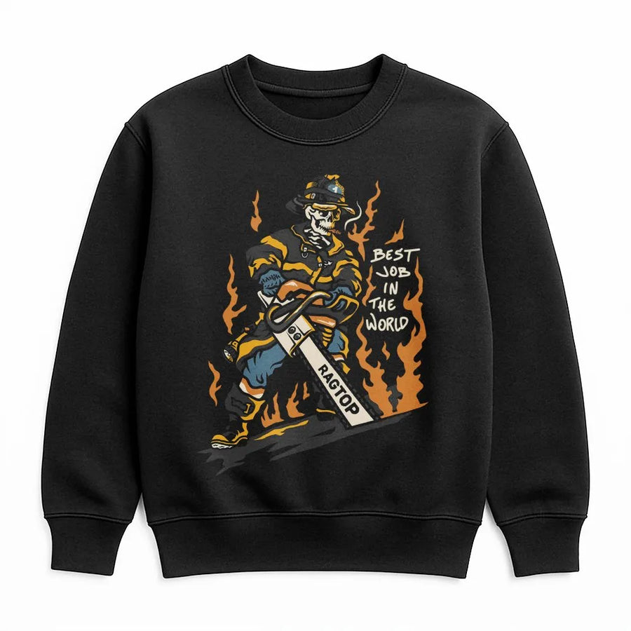 Firefighter Graphic Sweatshirt | Skeleton Fireman Best Job In The World Design | Premium Cotton Blend | Funny Gift For Fireman Or Rescue Worker
