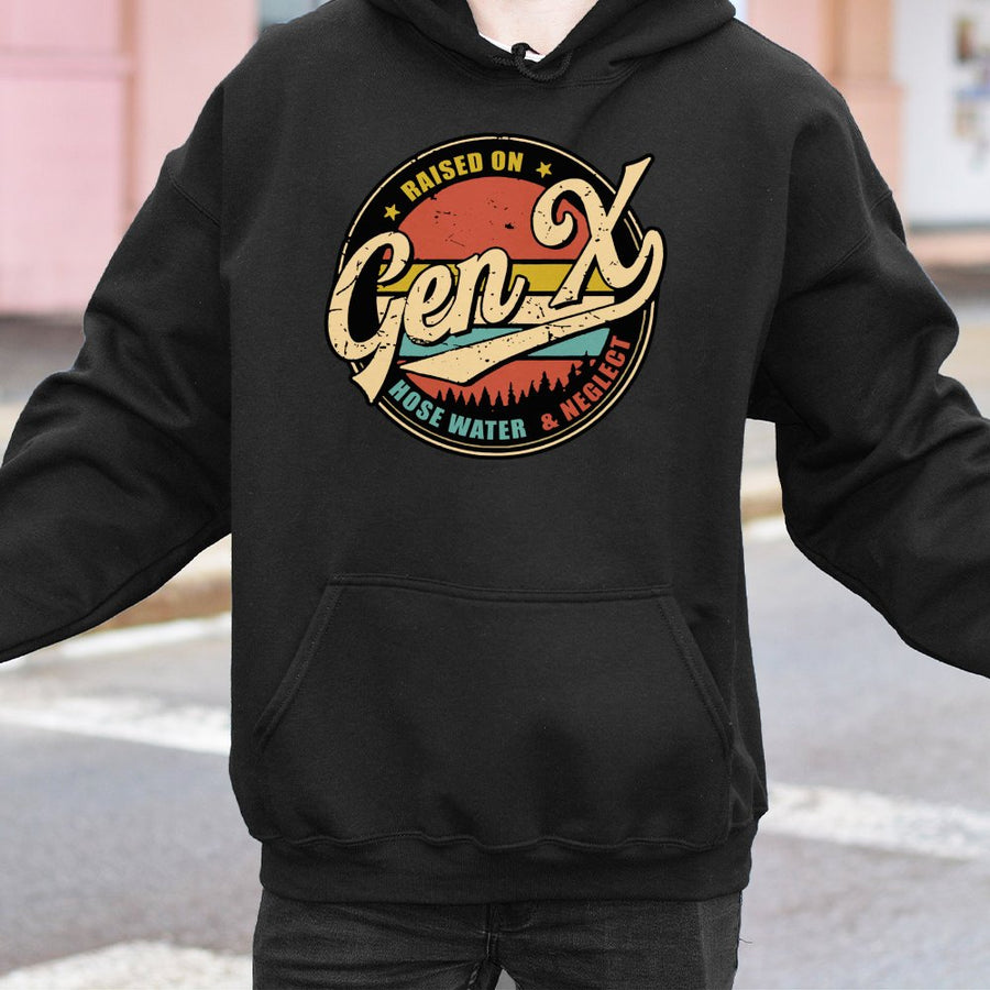 Gen X Hoodie | Raised On Hose Water And Neglect Graphic | Premium Cotton Blend | Funny 80s Generation Birthday Gift For Men And Women