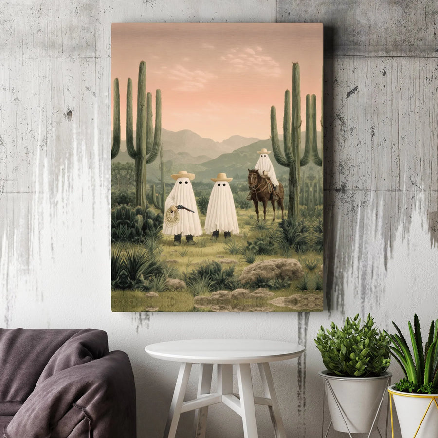 Ghost Cowboy Western Canvas Art | Spooky Desert Surrealist Decor | Premium Fade-Resistant Gallery Print | Unique Southwestern Home Wall Decor Gift