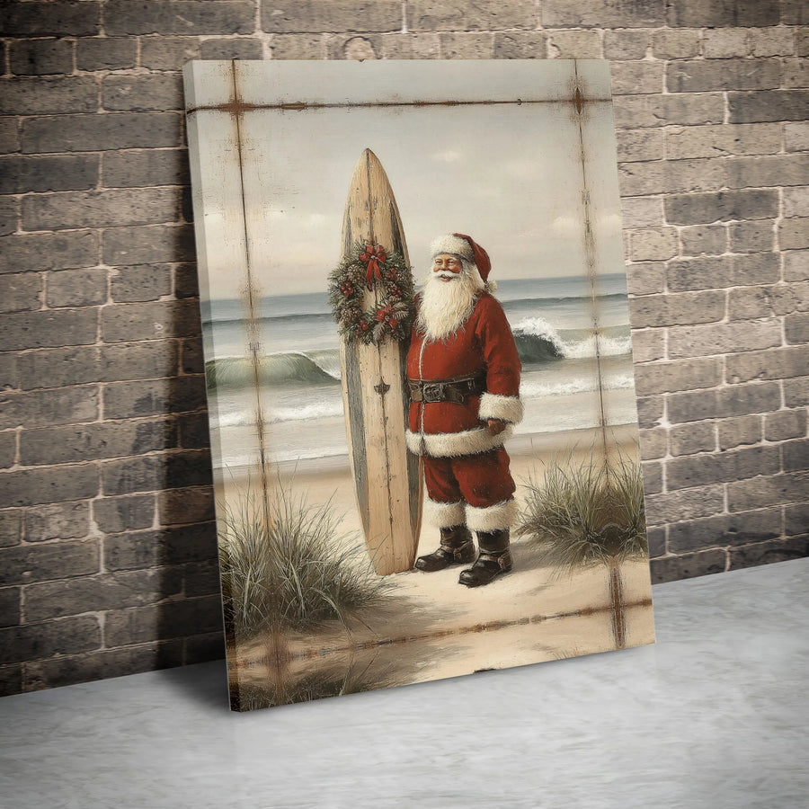 Coastal Santa Surfboard Wall Art | Vintage Beach Christmas Decor | Premium Gallery Wrap Canvas | Unique Holiday Gift for Surf Lovers