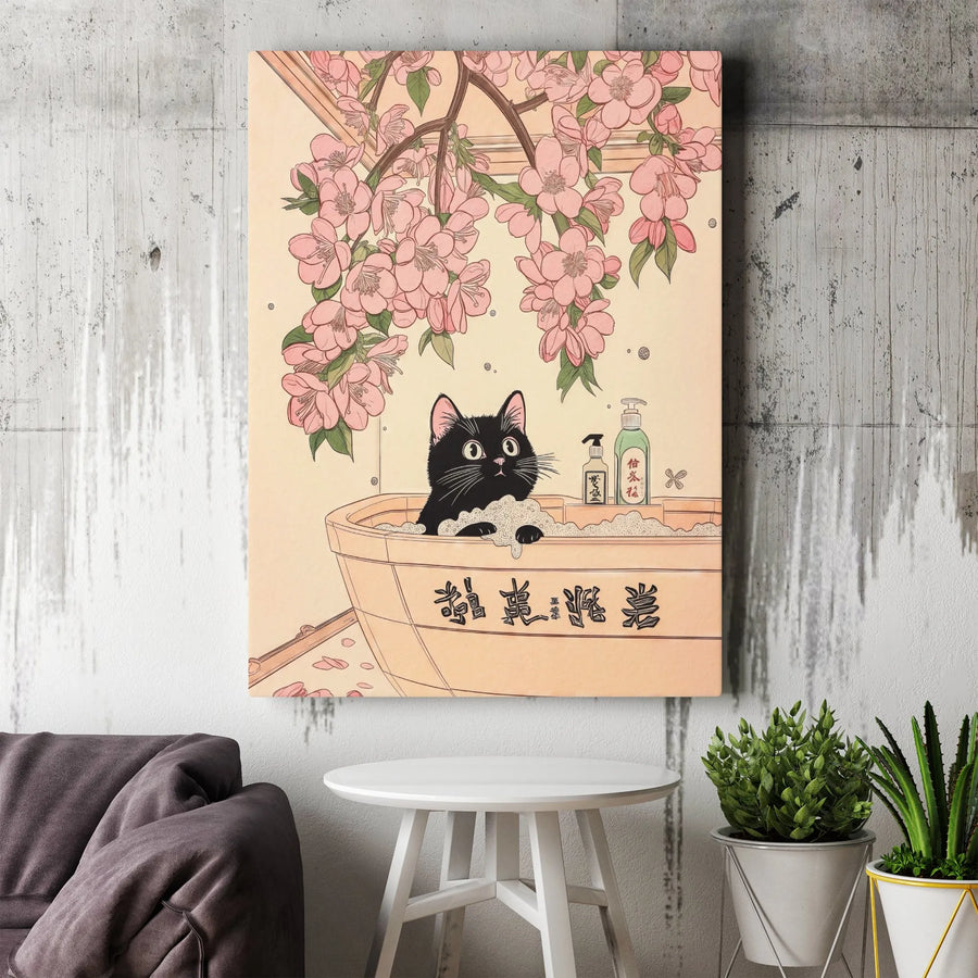 Japanese Black Cat Canvas Art | Cherry Blossom Ukiyo-E Wall Decor | Gallery Quality 1.25" Profile | Whimsical Pet Lover Gift