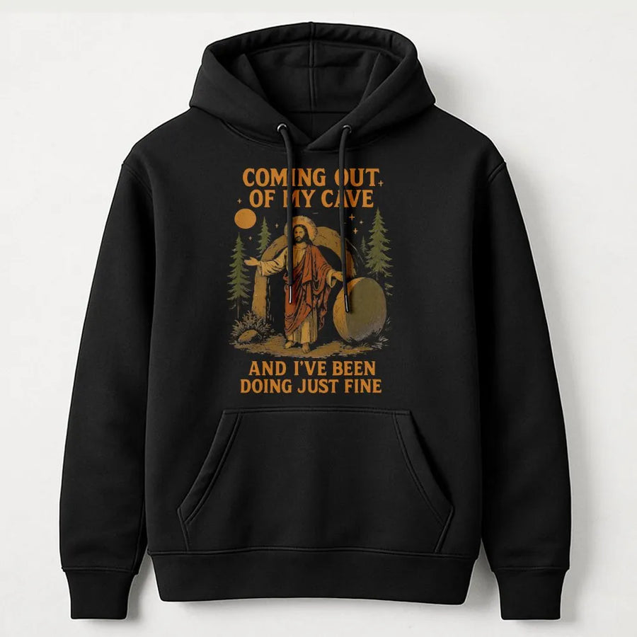 Funny Easter Hoodie | Jesus Coming Out Of My Cave Meme Graphic | Premium Cotton Blend Crewneck | Religious Humor Gift For Christian