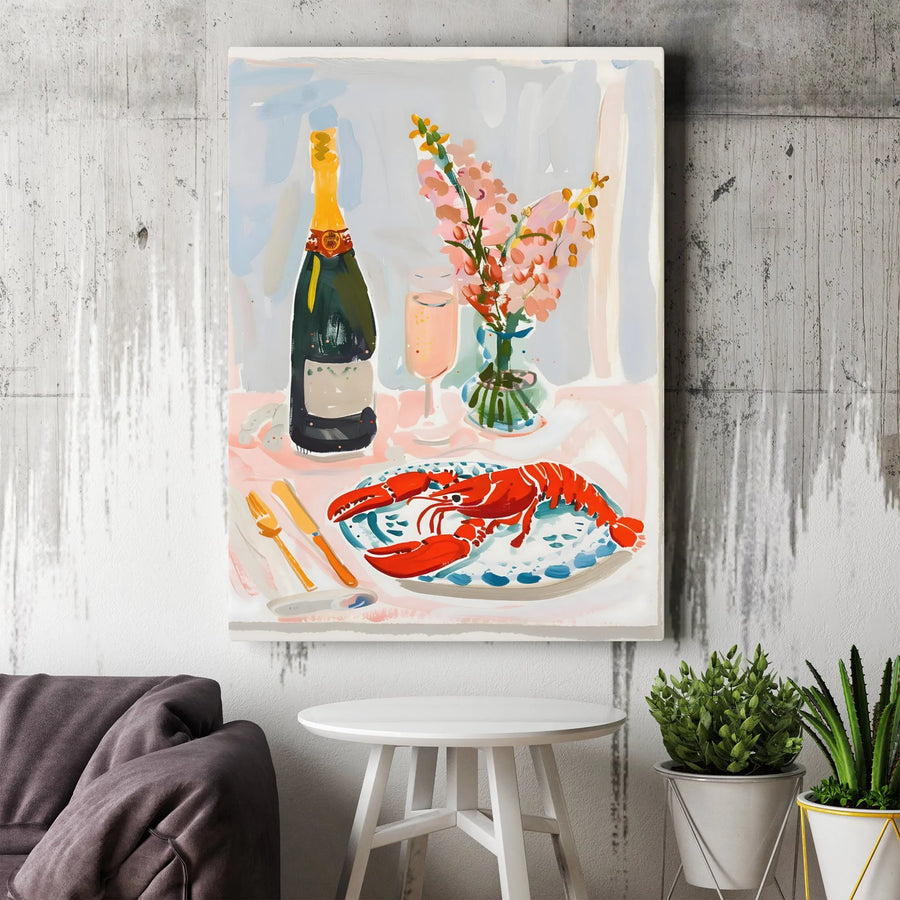 Lobster Dinner Still Life Canvas | Champagne and Flowers Kitchen Art | Premium Gallery-Wrapped Print | Coastal Decor for Dining Room