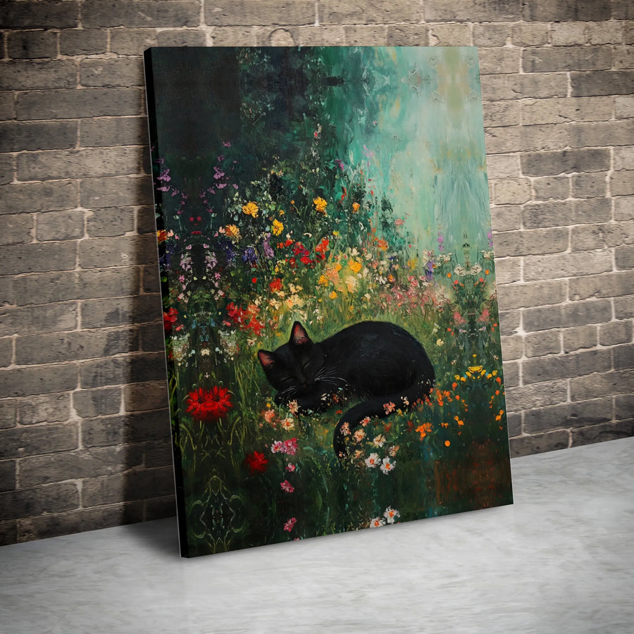 Sleeping Black Cat Canvas Wall Art | Whimsical Wildflower Garden Print | Gallery-Quality 1.25" Profile | Cat Lover Home Decor Gift