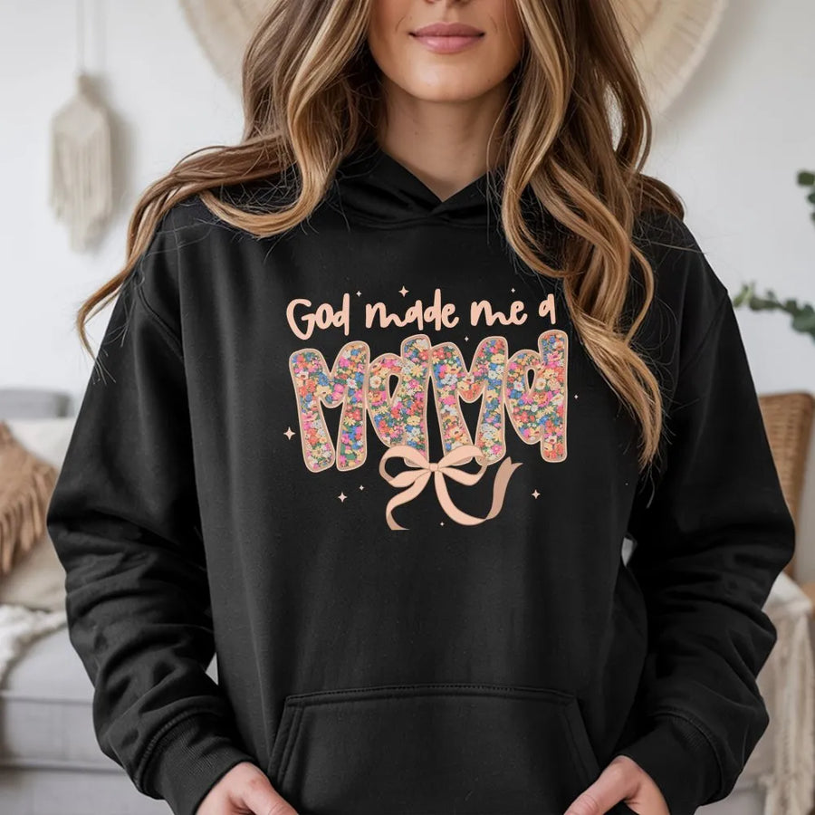 God Made Me A Mama Hoodie | Floral Lettering With Ribbon Bow | Premium Soft Cotton Blend | Christian Faith Gift For New Moms