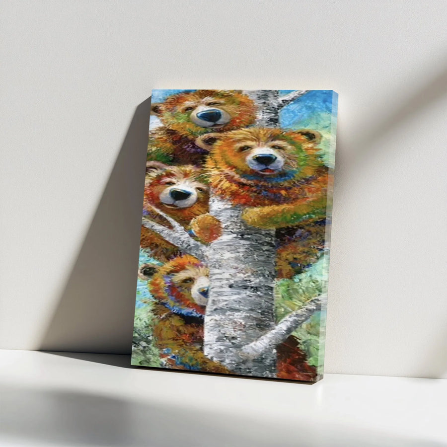 Bear Family Tree Vertical Canvas | Vibrant Bear Painting Wall Art | Premium Canvas Print | Family Home & Cabin Decor Gift