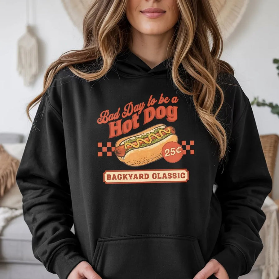 Funny Hot Dog Hoodie | Retro BBQ Graphic Pullover | Premium Soft Cotton Blend | Patriotic Summer Cookout Gift for Foodies
