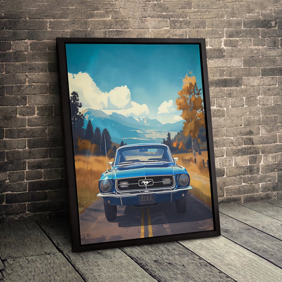 Vintage Muscle Car Canvas Art | Classic Blue Pony Car Landscape | Premium Gallery Wrapped Wall Decor | Gift for Car Enthusiasts