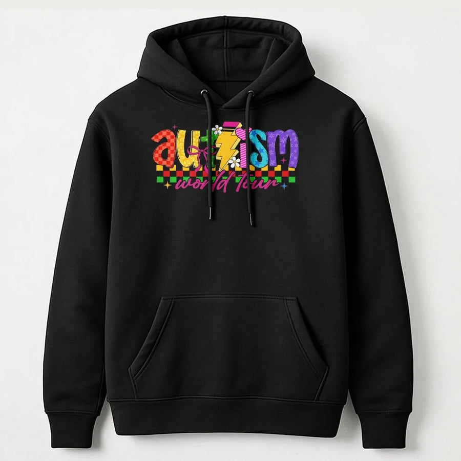 Autism Awareness Hoodie | Colorful Retro World Tour Graphic | Soft Cotton Blend Crewneck | Neurodiversity Acceptance Gift for Mom Teacher