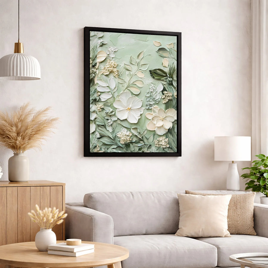 Sage Green Floral Wall Art | 3D Textured Impasto Flower Canvas | Gallery Quality Premium Print | Botanical Home Decor Gift for Her