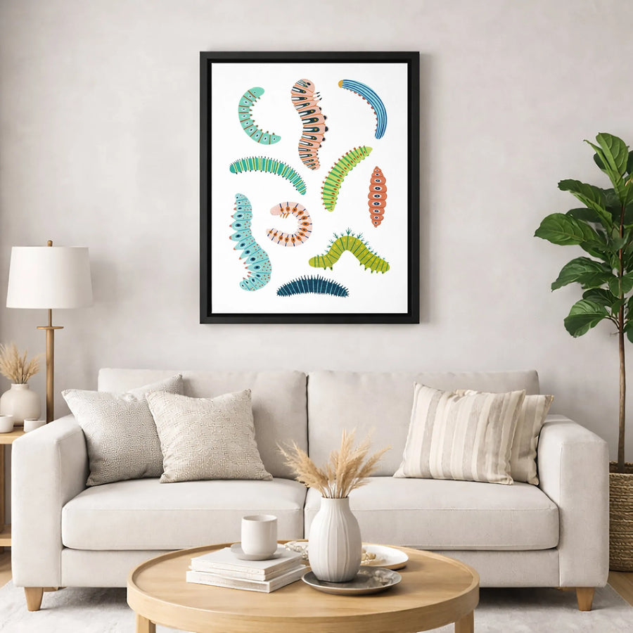Colorful Caterpillar Wall Art | Whimsical Insect Illustration Print | Premium Gallery Wrapped Canvas | Nature Nursery Decor Gift