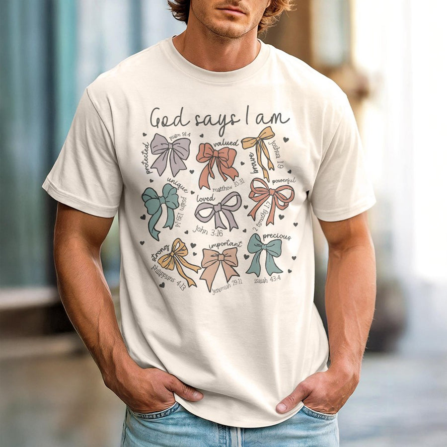 God Says I Am T-Shirt | Aesthetic Bow Bible Verse Graphic | Premium 100% Cotton Tee | Christian Faith Gift for Women & Teens