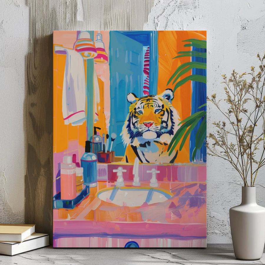Tiger In The Bathroom Canvas Wall Art | Vibrant Surrealist Animal Painting | Gallery Wrapped 1.25 Inch Wood Frame | Quirky Modern Home Decor Gift